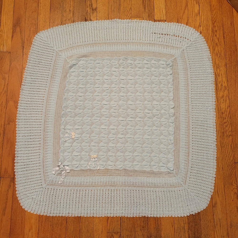 36" Square Baby Blanket Blue Knit Lace Ribbon Rosette Heirloom Decor Nursery